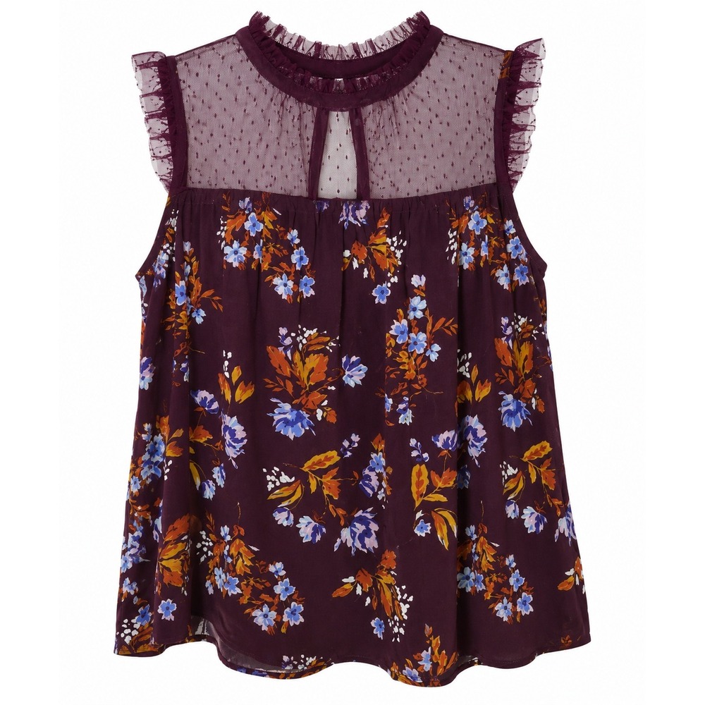 Boho Floral Top Womens Small Burgundy Mesh Yoke Cottagecore Whimsigoth Romantic